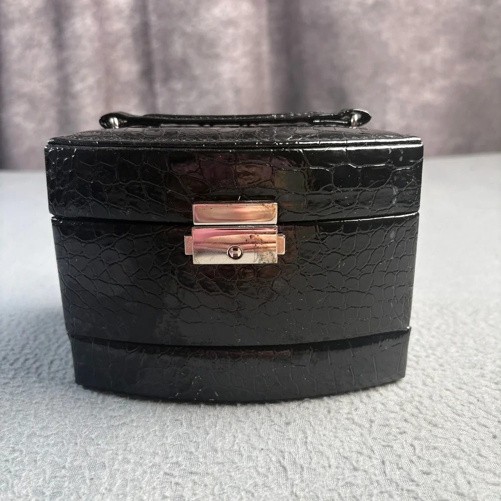 Black Croc Embossed Jewelry Box Organizer Pink Velvet Lining Mirror Mini Trunk